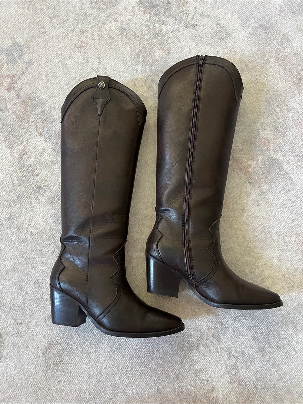 Gillio Brown Genuine Leather Knee-High Western Block Heel Boots